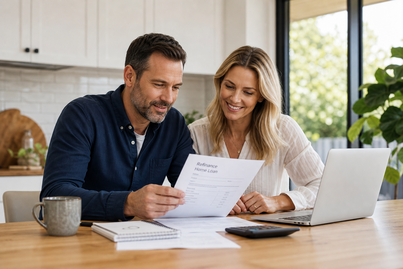 Homeowners reviewing refinance home loan options with a broker
